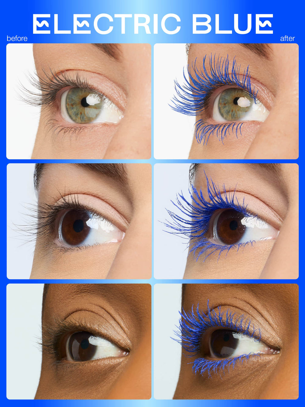 Before and after comparison of electric blue eyelashes on different eye colors.