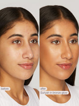 Before and after comparison of a woman's face with Suriyah in bronze glow product.