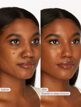 Before and after comparison of a woman's face with Skarloin in deep bronze makeup.