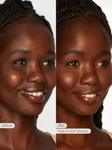 Before and after comparison of a woman's face with 'Tina in rich bronze' makeup.