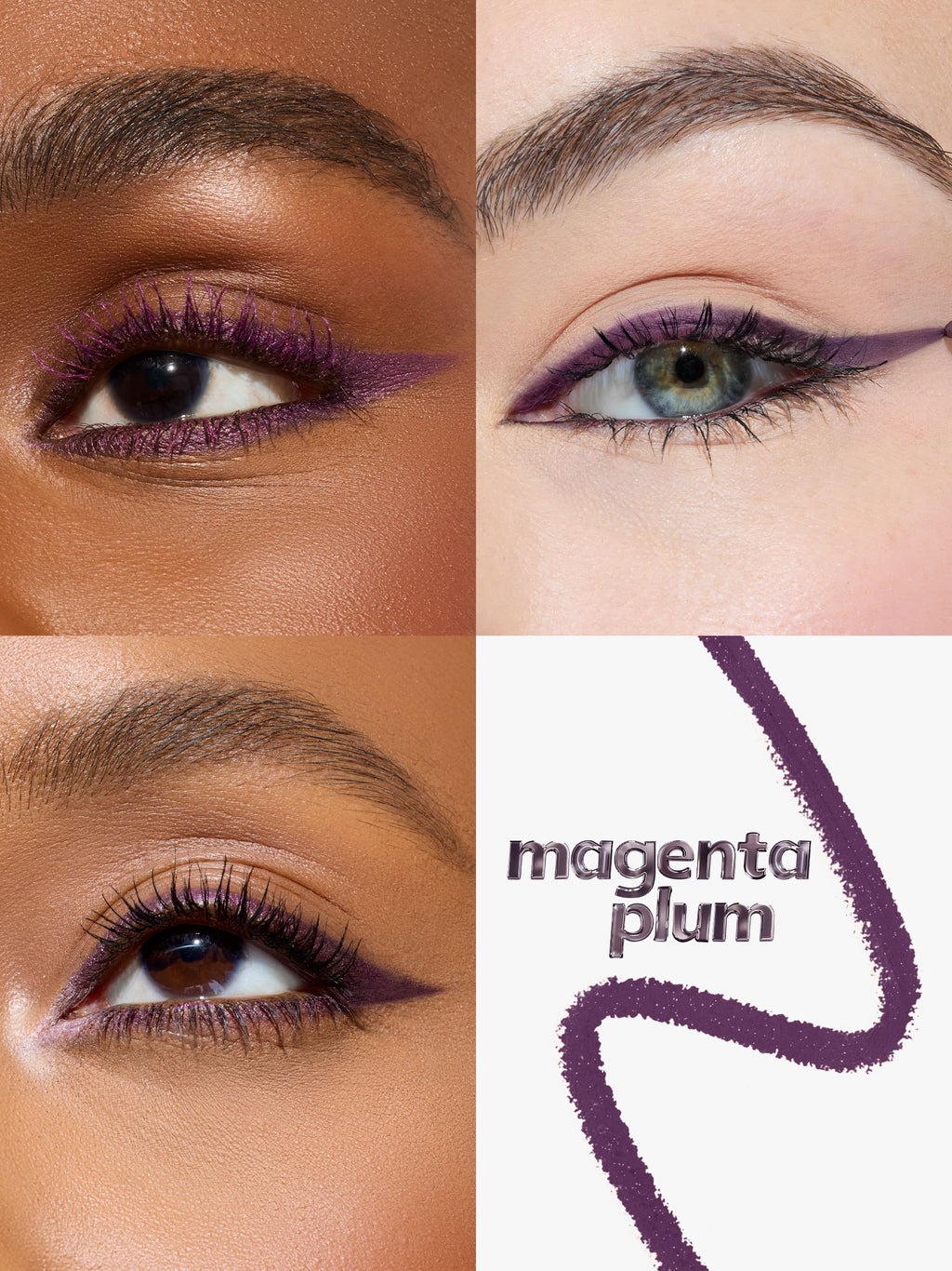 Close-up of eyes with purple eyeliner on different skin tones, labeled 'magenta plum'.