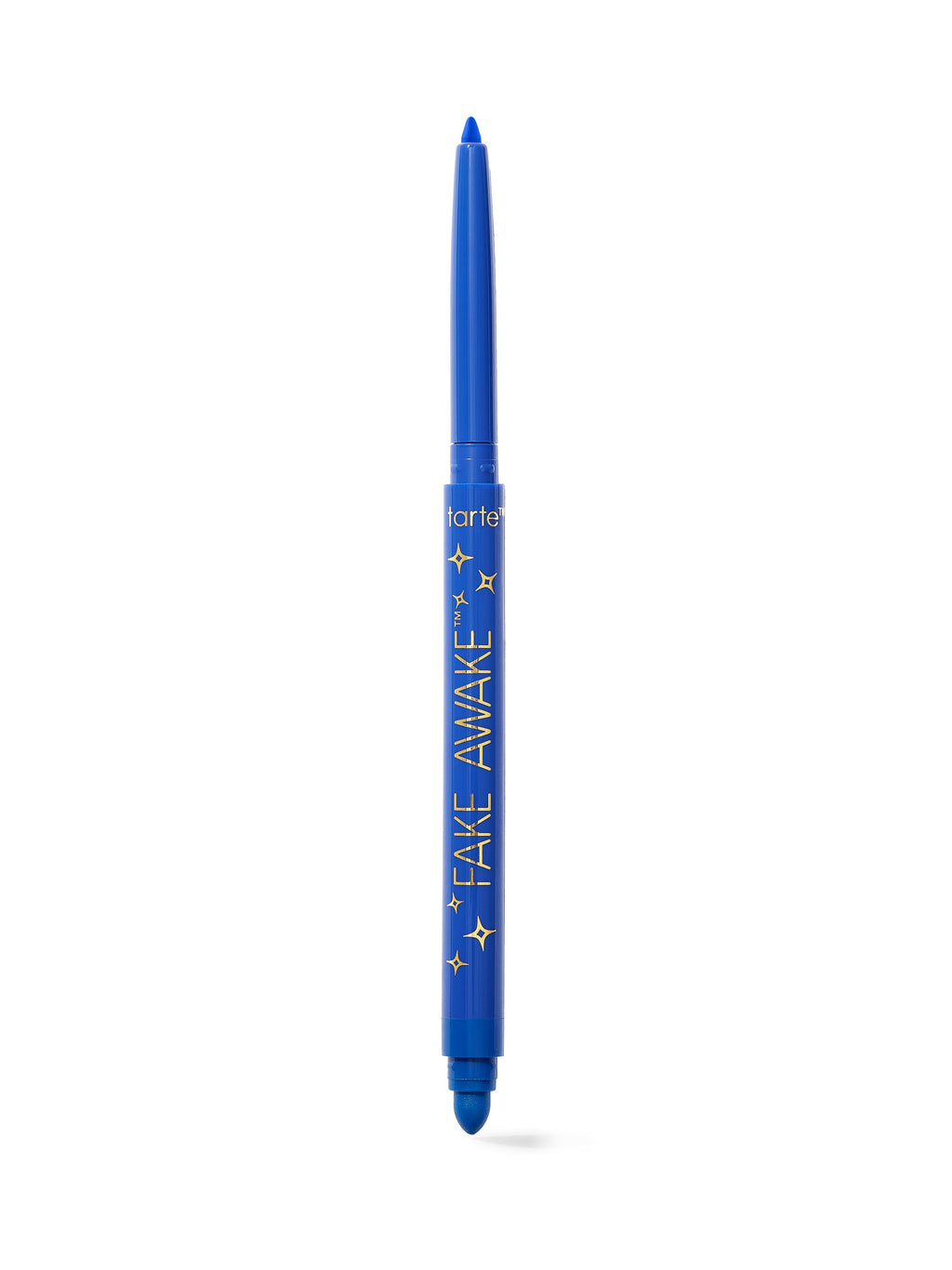 Blue eyeliner pencil with 'Fake Awake' text on a white background
