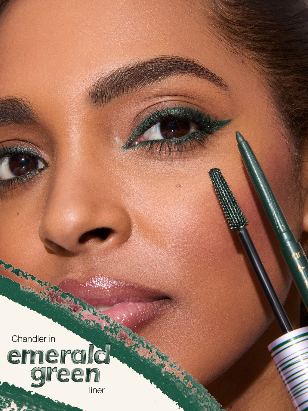 Woman with green eyeliner and mascara, with a close-up of the eyeliner and mascara on a white background.
