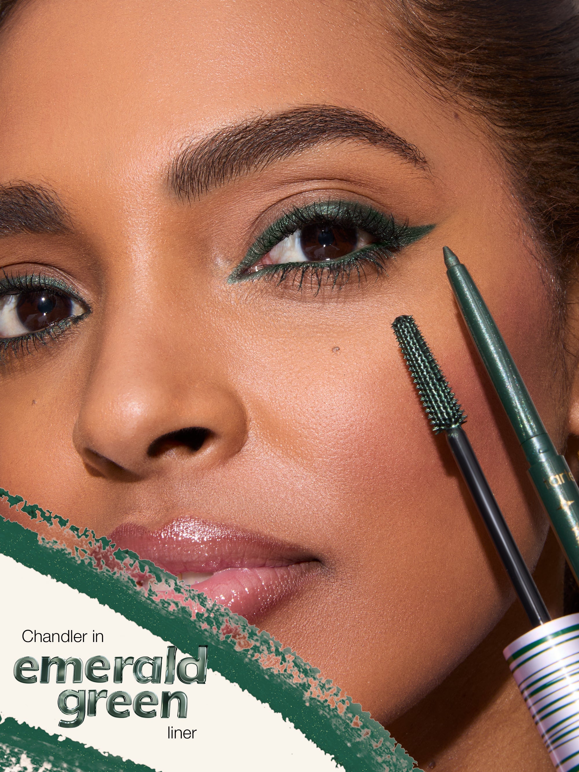 Woman with green eyeliner and mascara, with a close-up of the eyeliner and mascara on a white background.