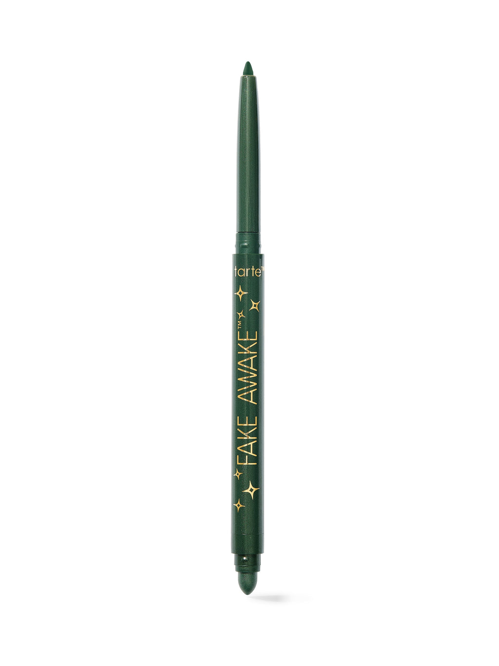 Green eyeliner pencil with 'Fake Awake' text on a white background