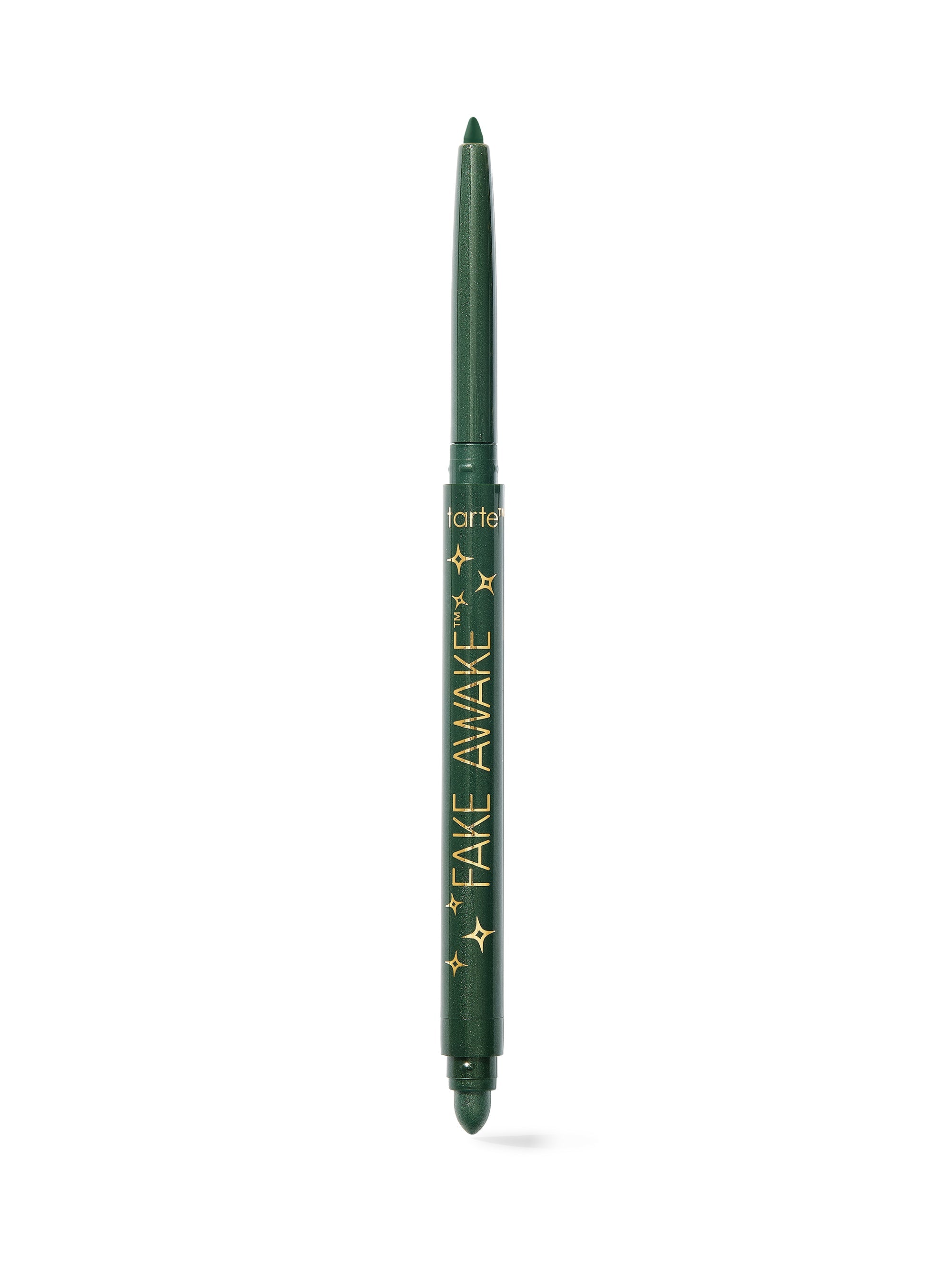 Green eyeliner pencil with 'Fake Awake' text on a white background