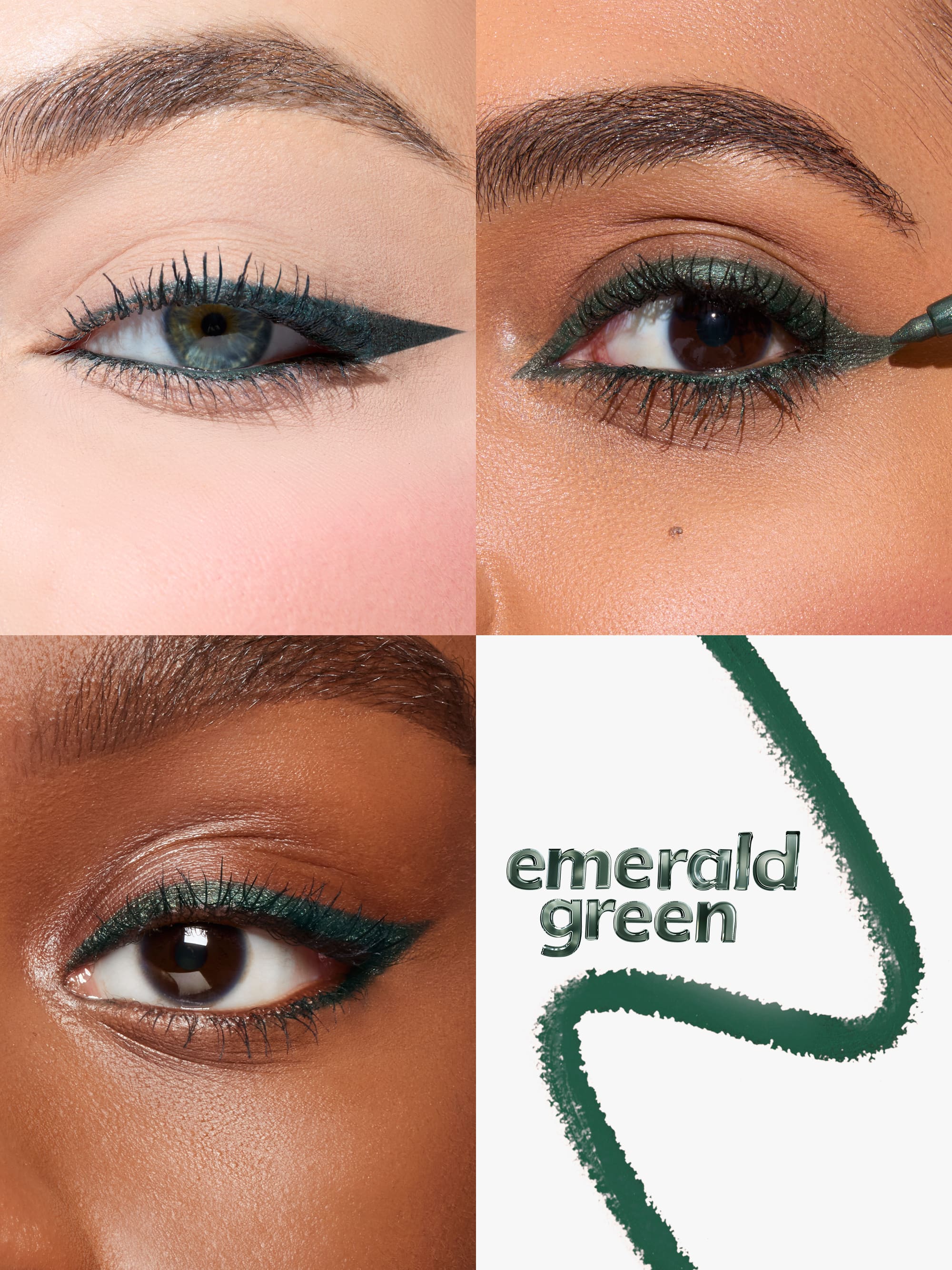 Close-up of eyes with emerald green eyeliner and a swatch labeled 'emerald green'.