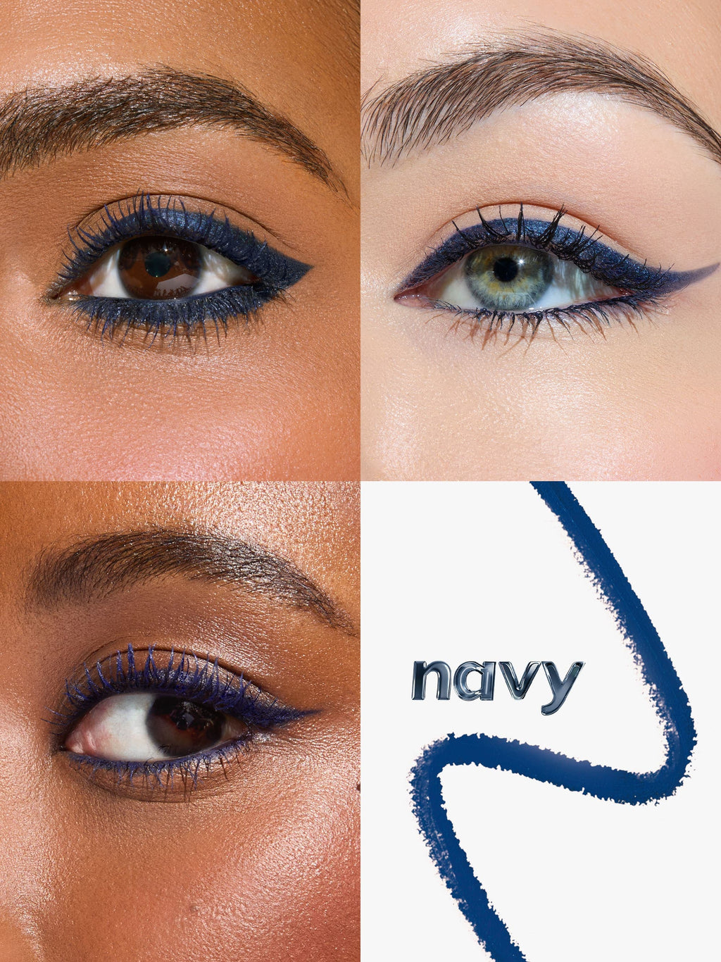Close-up of eyes with blue eyeliner on different skin tones, with 'navy' text and a brush stroke.