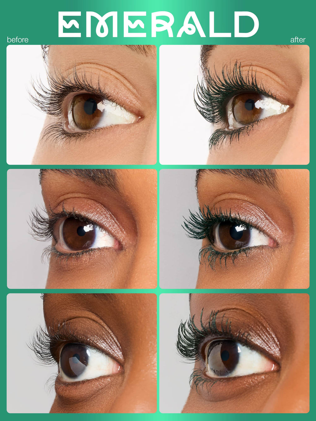 Before and after comparison of eyelash extensions with 'emerald' color label.