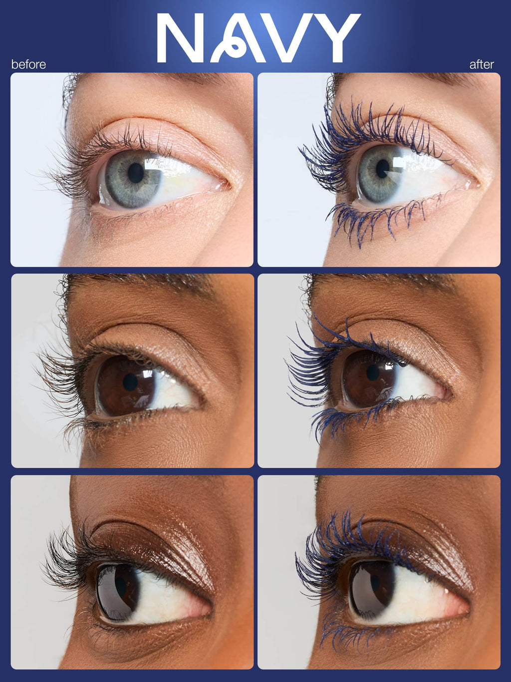 Before and after comparison of eyelash extensions on different eye colors.