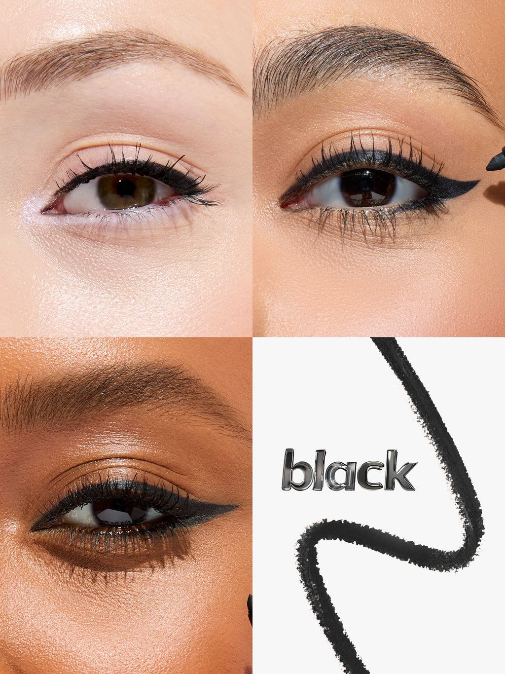 Close-up of eye makeup application with black eyeliner on a beige background.