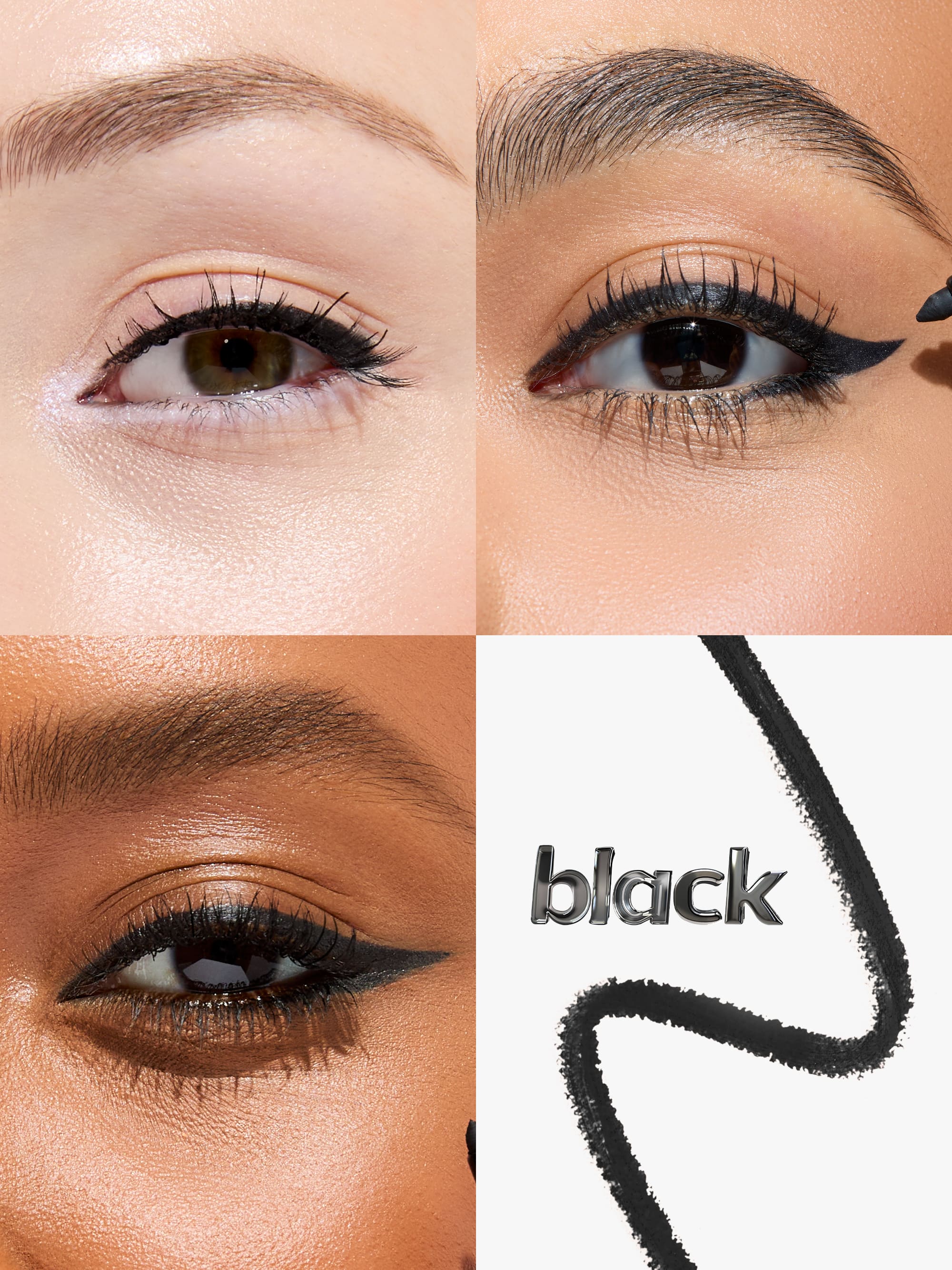 Close-up of eye makeup application with black eyeliner on a beige background.