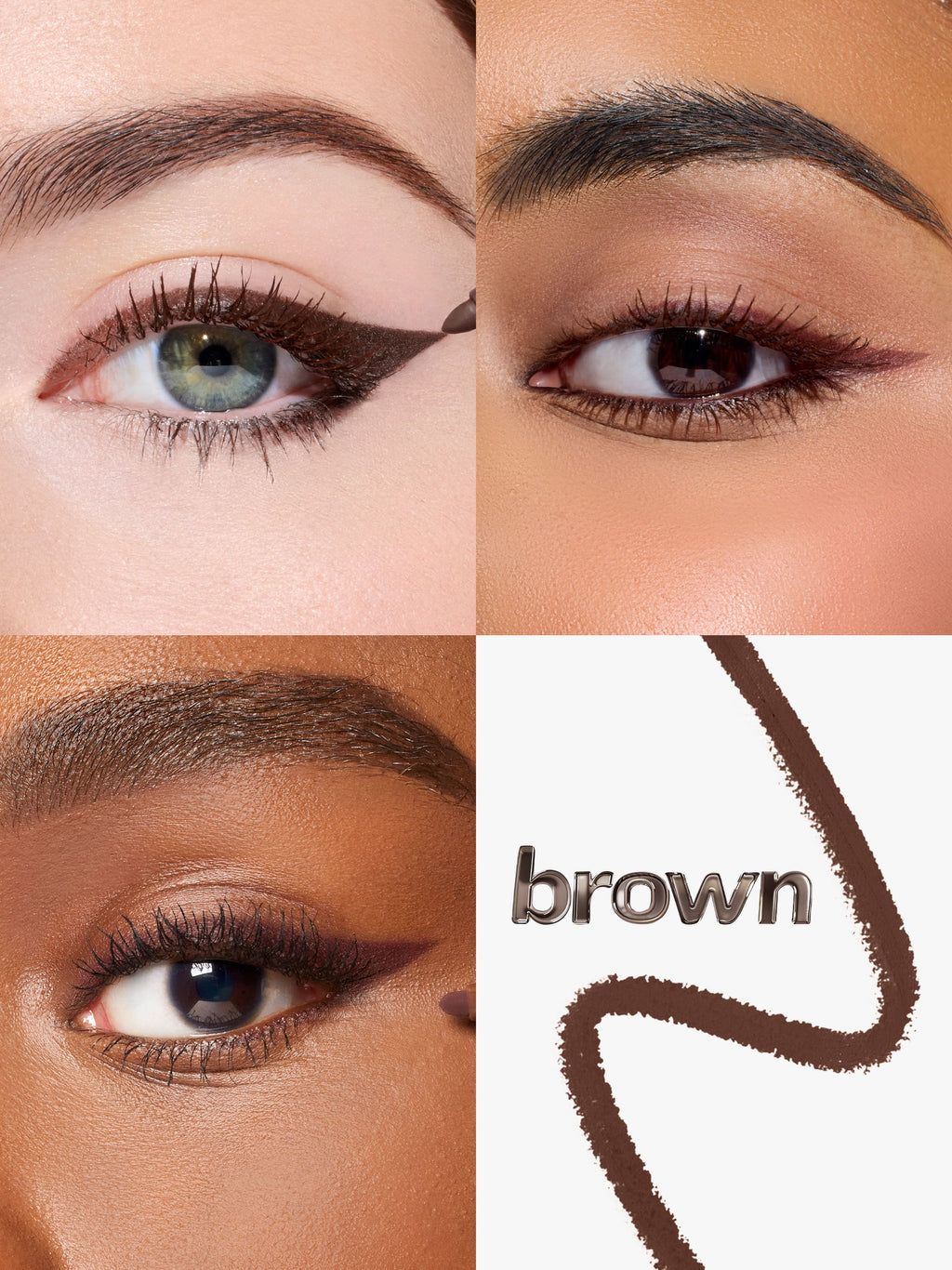 Close-up of eyes with brown eyeliner and a swatch labeled 'brown'.