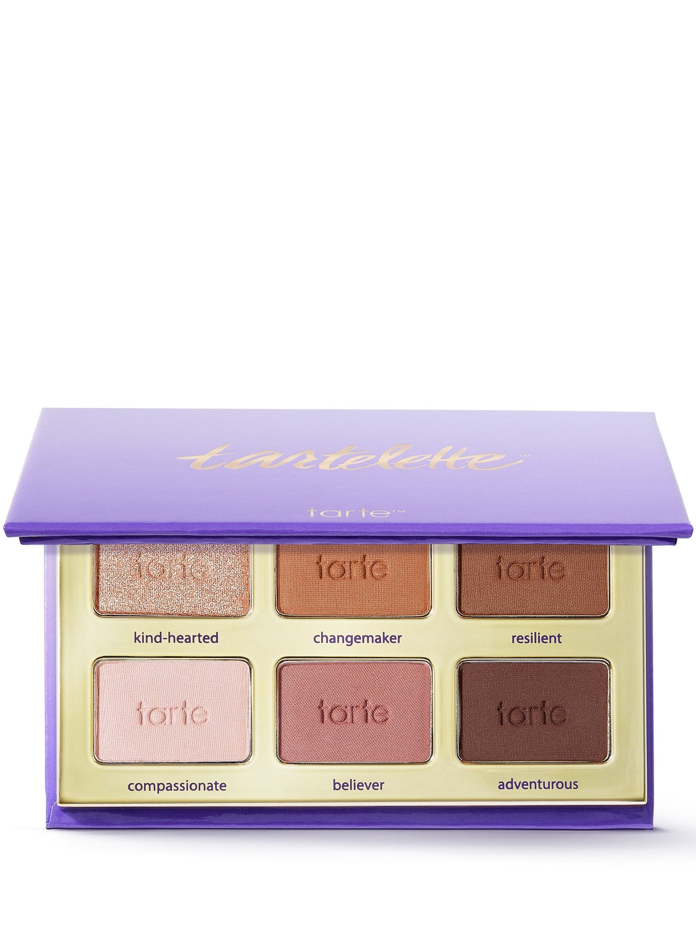 Tartelette eyeshadow palette with purple lid and colorful shades on a white background