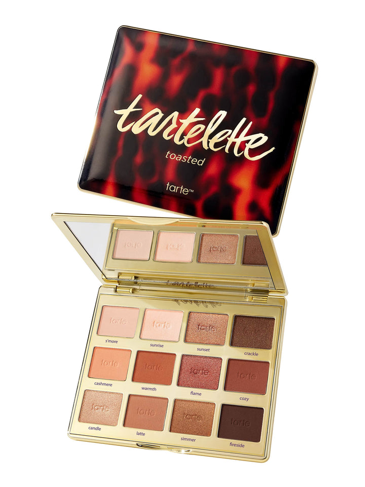 Tartelette toasted makeup palette with open lid showing color swatches on a white background