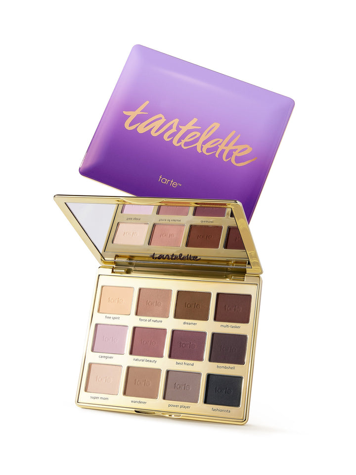 Makeup palette with various shades and Tarte branding on a white background