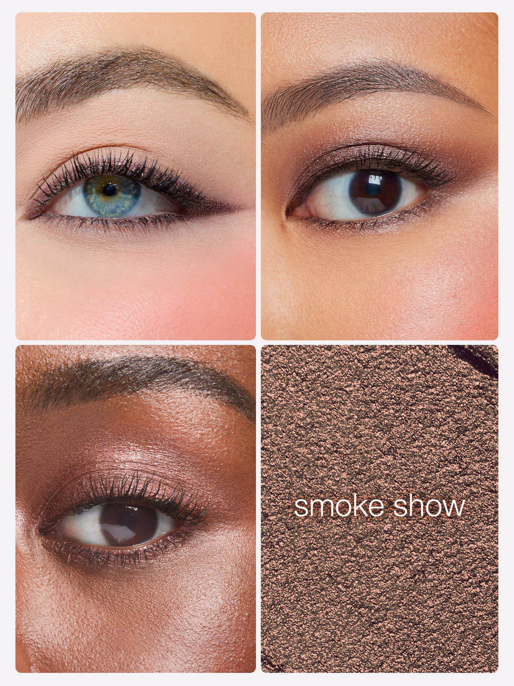 Collage of eyes with different eye makeup looks and a close-up of brown eyeshadow labeled 'smoke show'.