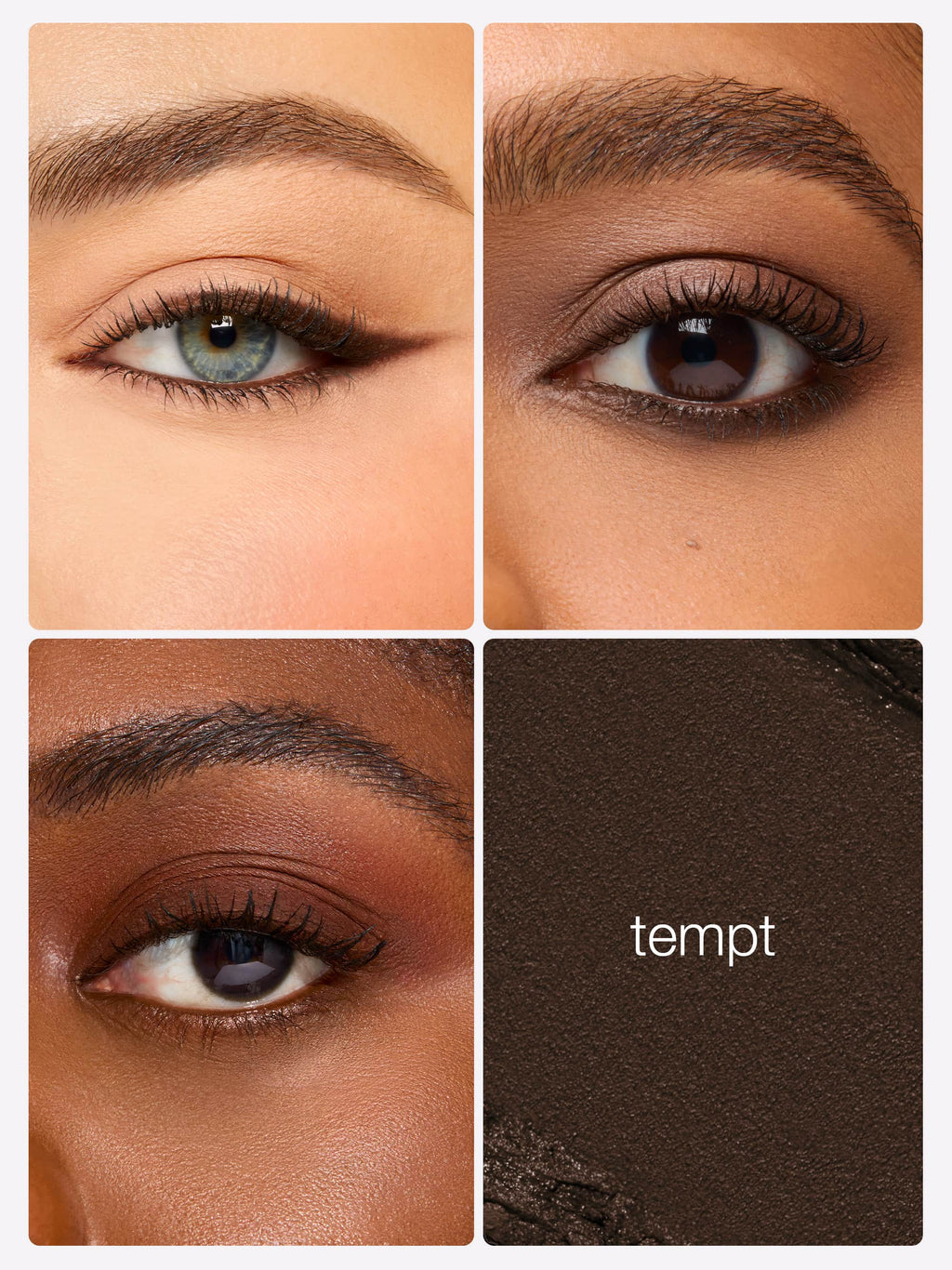 Collage of eye makeup with 'tempt' color swatch on a brown background