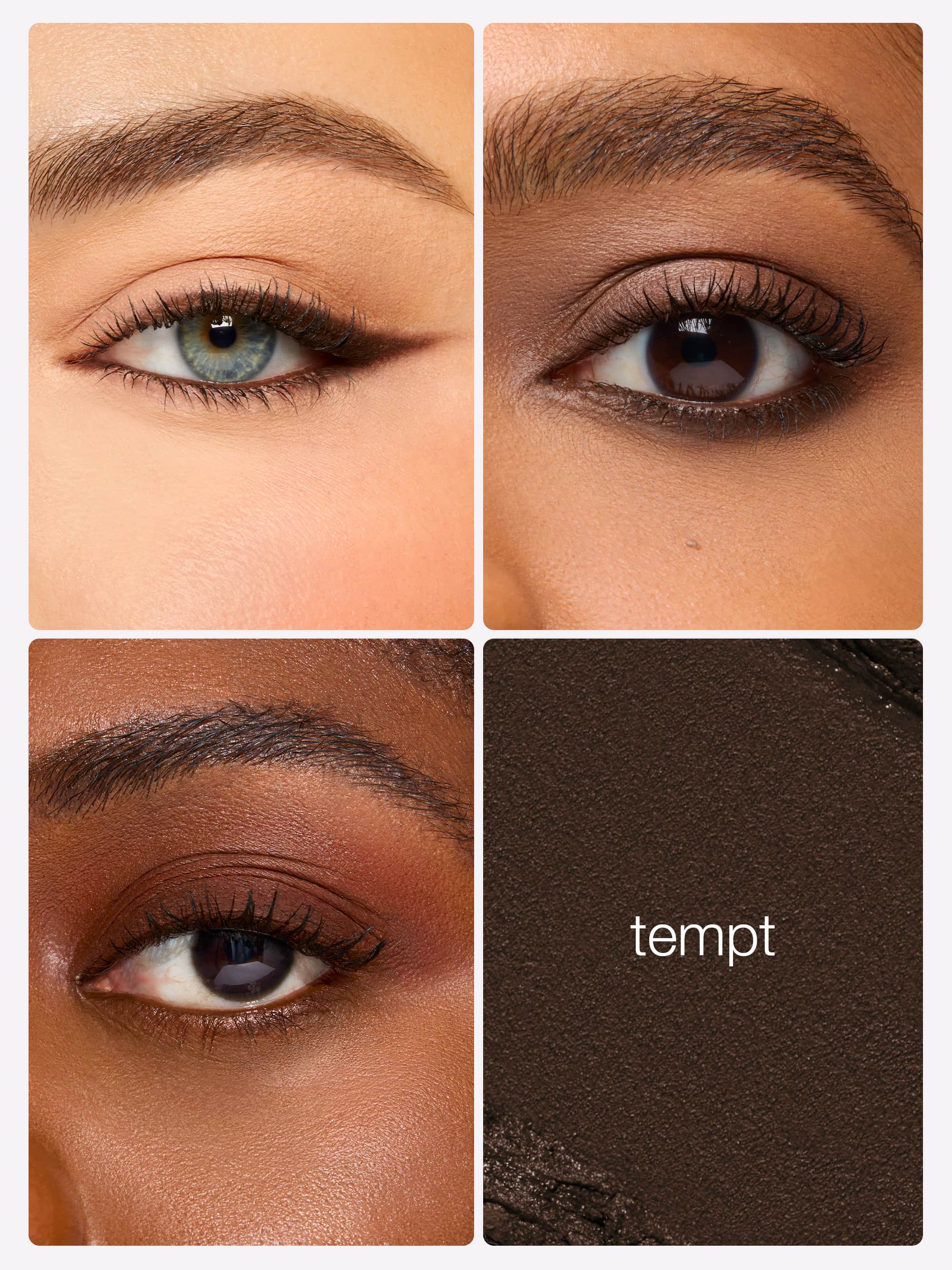 Collage of eye makeup with 'tempt' color swatch on a brown background
