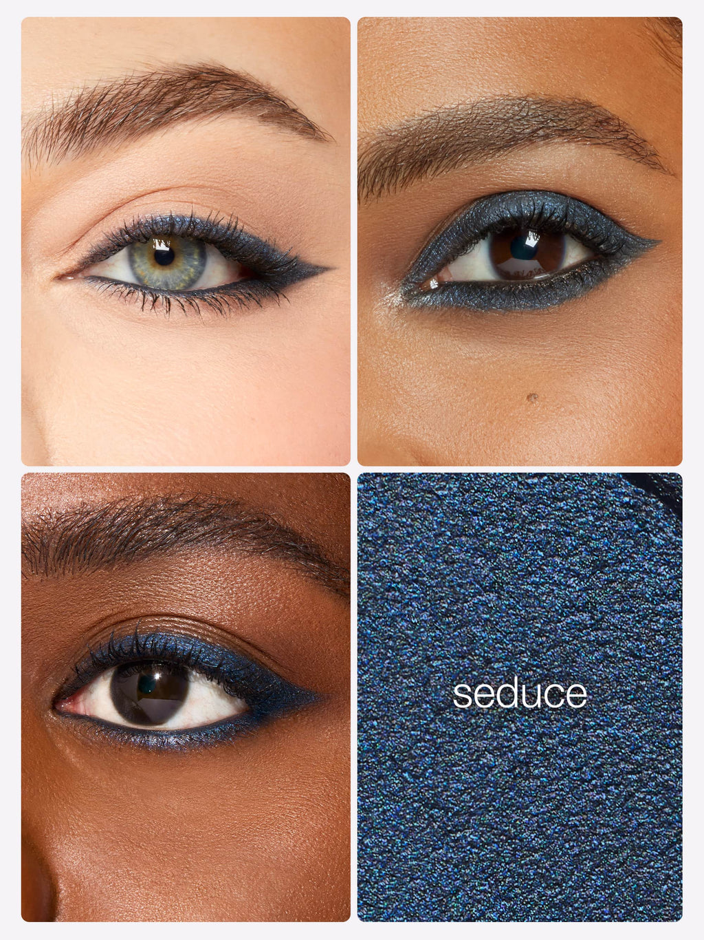 Makeup product with close-up of eye wear and color swatch labeled 'seduce'.