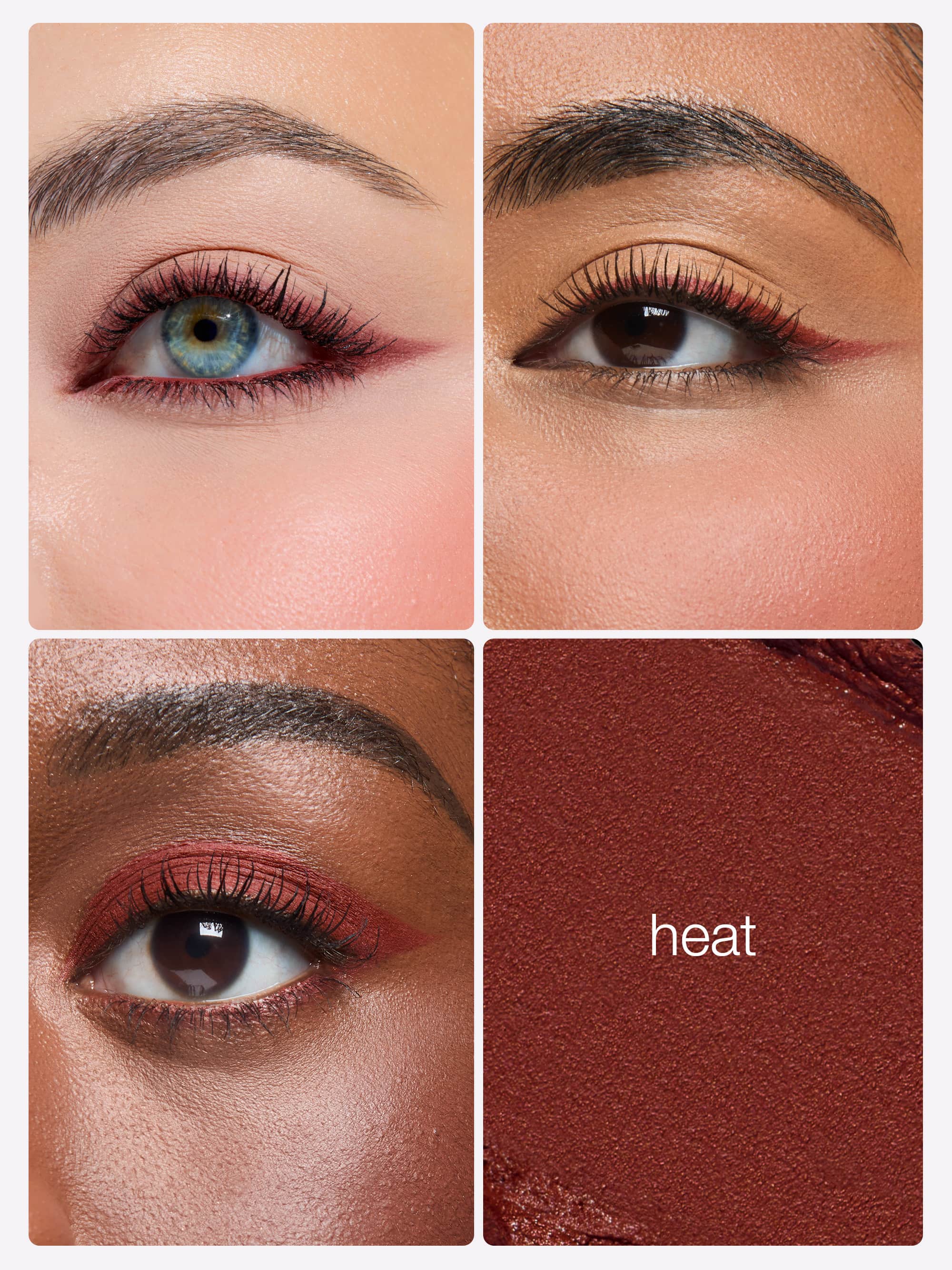 Collage of eyes with different eye makeup colors and a swatch labeled 'heat'.