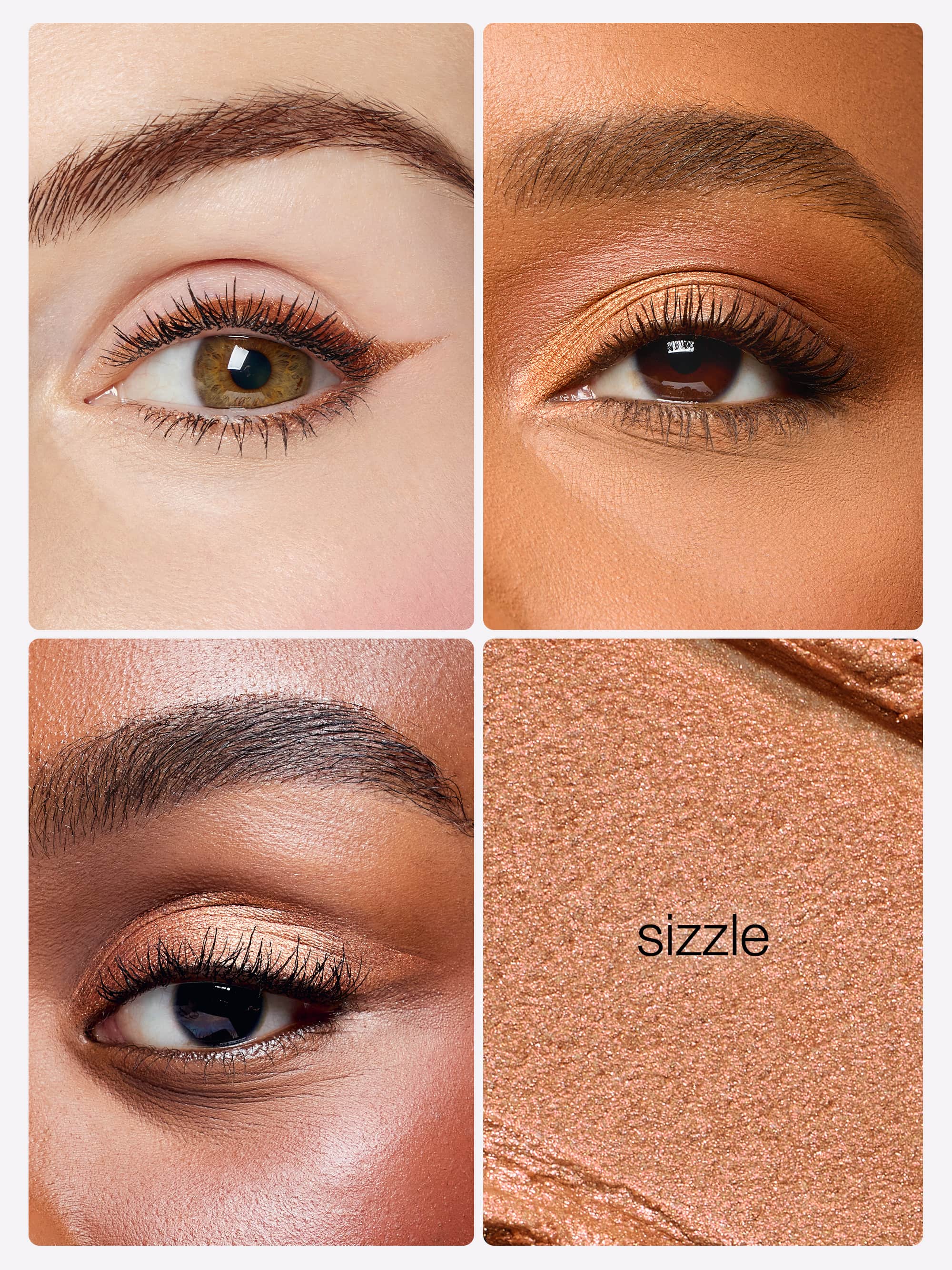 Collage of eye makeup with 'sizzle' bronzer swatch