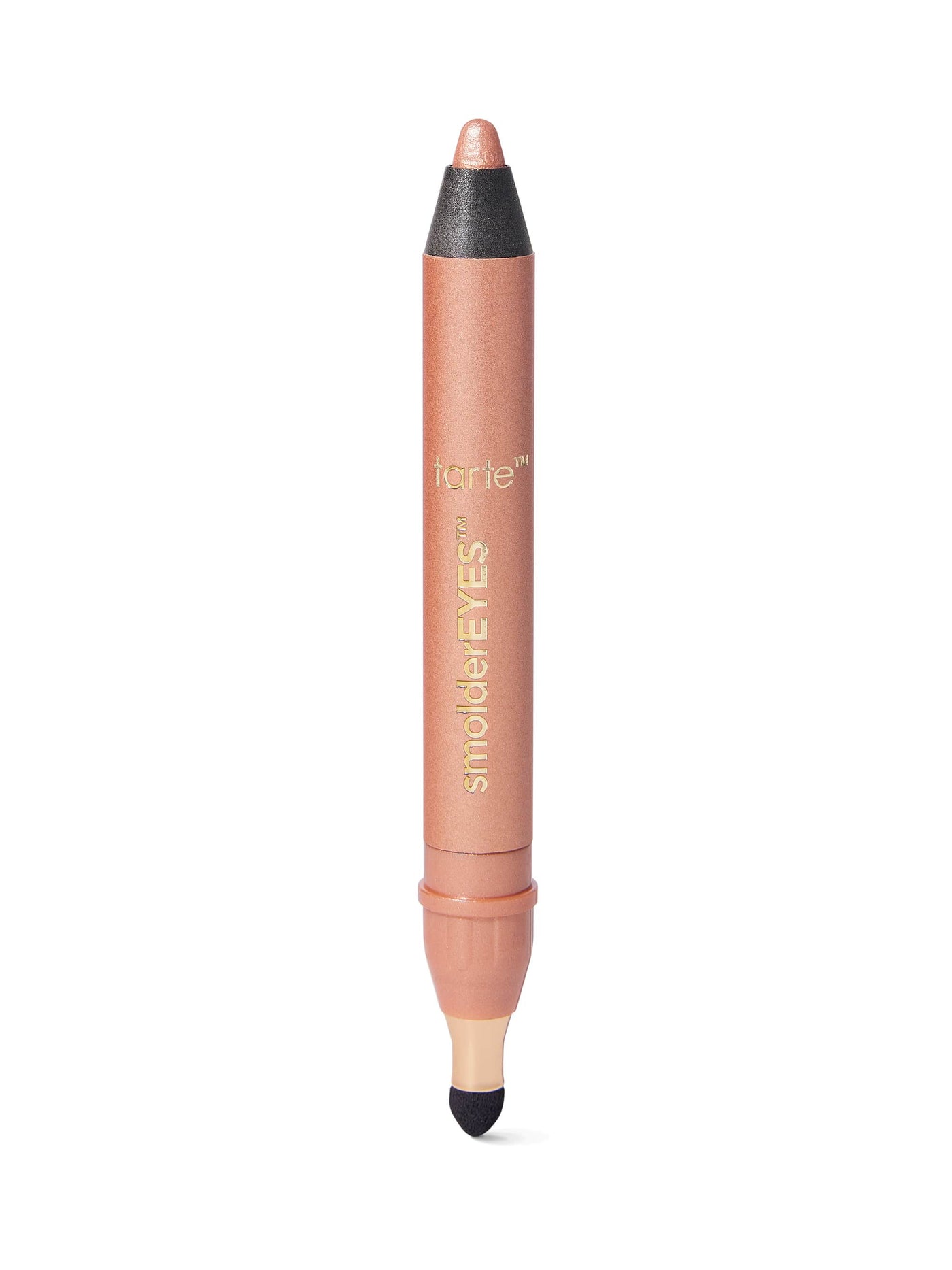 Tarte dual-ended peach-beige makeup crayon with black end caps; sharpened pencil tip opposite a sponge smudger, photographed on a white background. Text: tarte