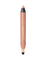 Tarte dual-ended peach-beige makeup crayon with black end caps; sharpened pencil tip opposite a sponge smudger, photographed on a white background. Text: tarte