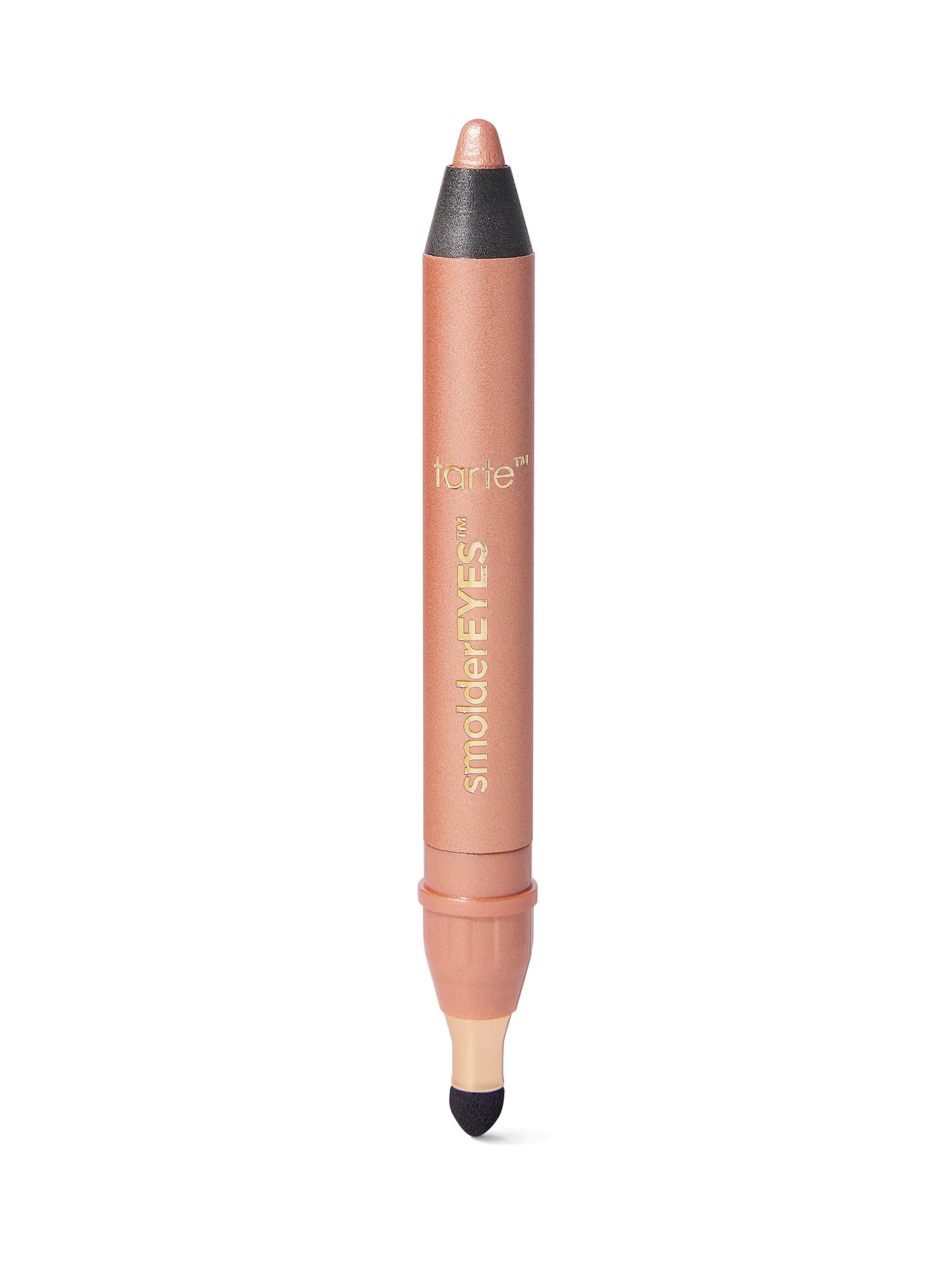 Tarte dual-ended peach-beige makeup crayon with black end caps; sharpened pencil tip opposite a sponge smudger, photographed on a white background. Text: tarte