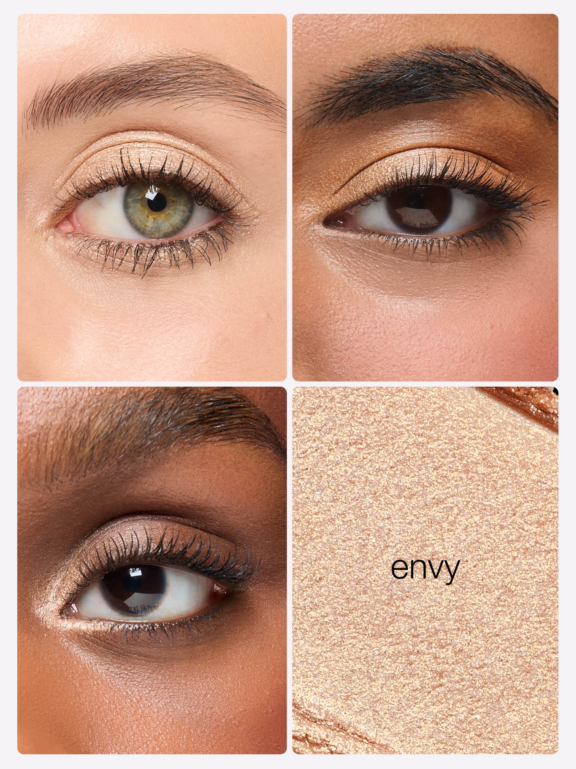 Collage of eyes with different eye makeup looks and a close-up of a beige makeup product labeled 'envy'.