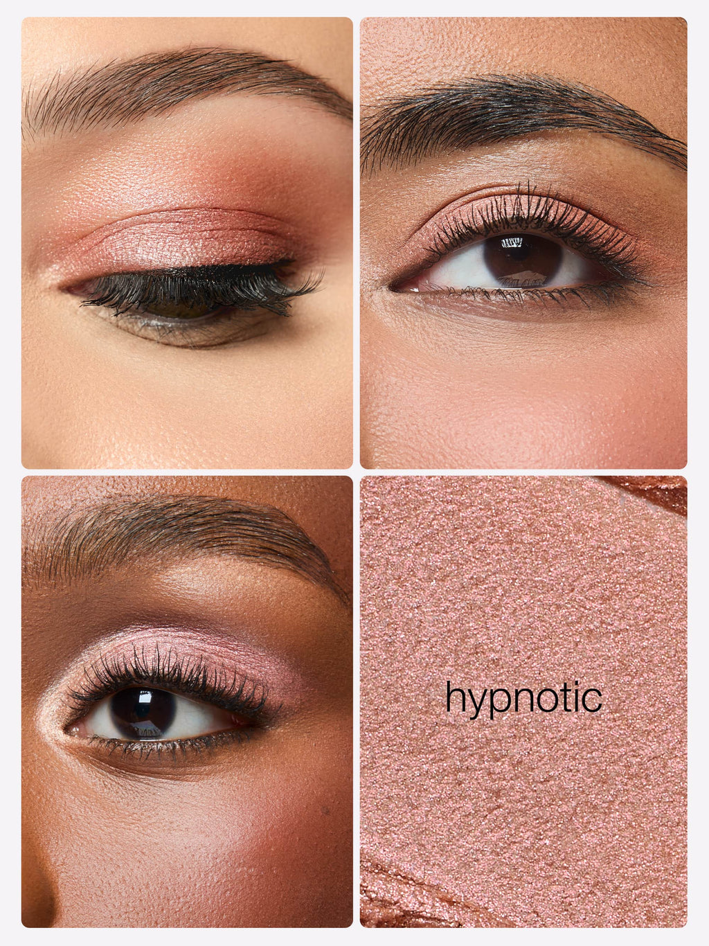 Collage of eye makeup with 'hypnotic' color swatch