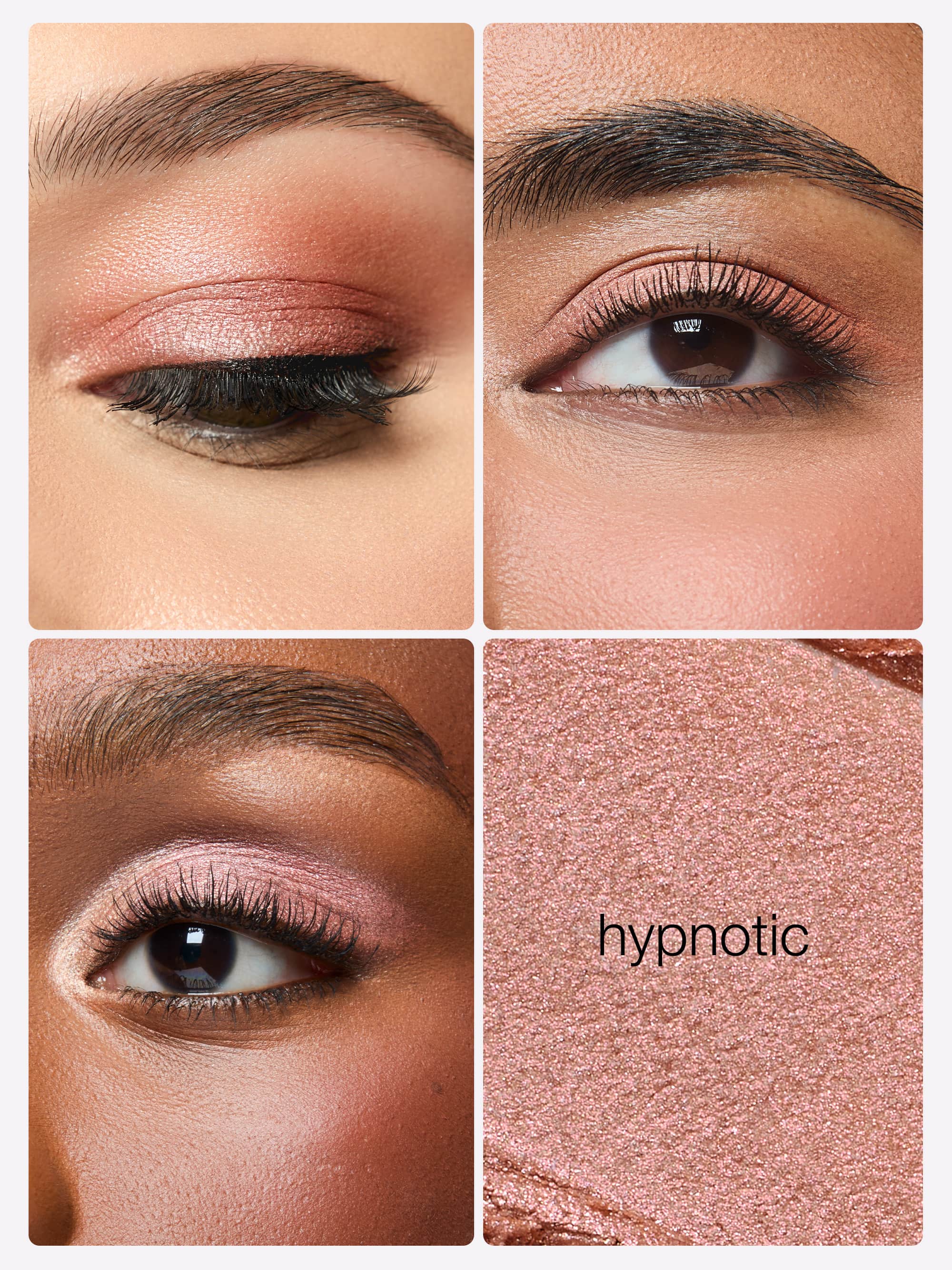 Collage of eye makeup with 'hypnotic' color swatch