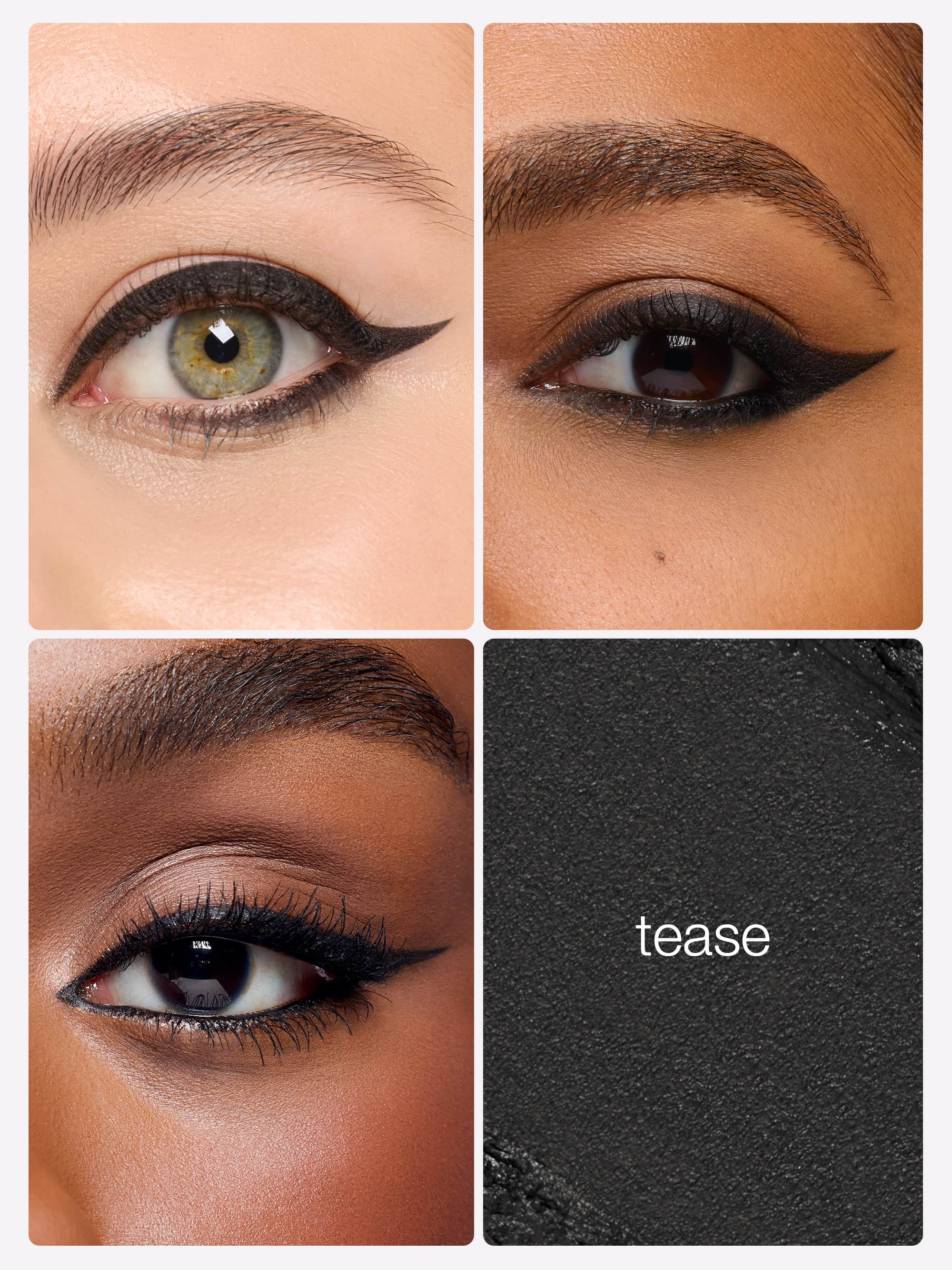 Collage of eye makeup application with 'tease' product on a black background