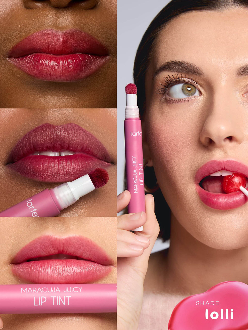 Lip tint product with close-up shots of lips and a woman using it.