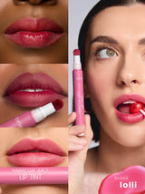 Lip tint product with close-up shots of lips and a woman using it.