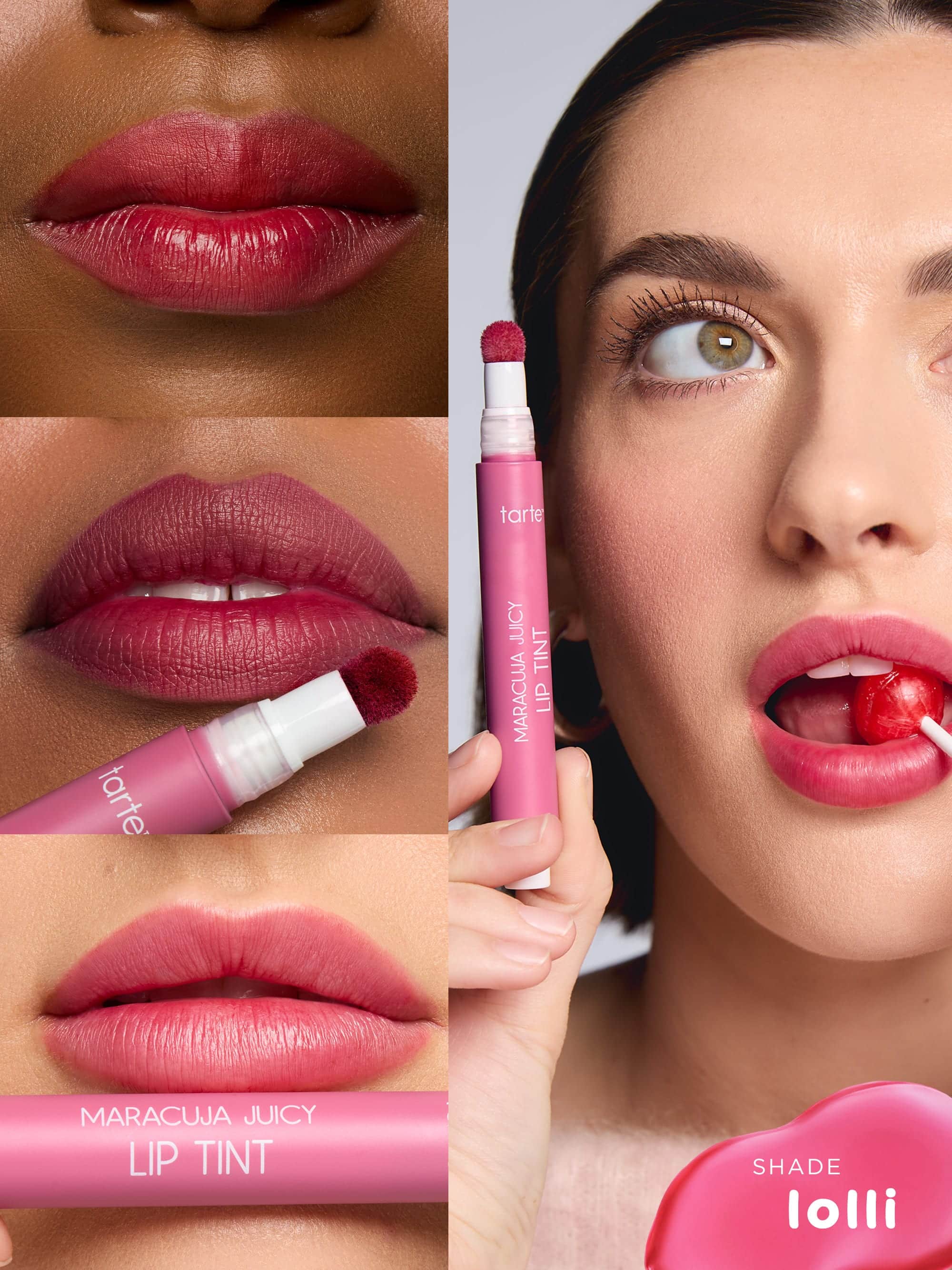 Lip tint product with close-up shots of lips and a woman using it.