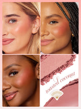 Three close-up faces wearing warm pink blush and subtle lip color; a crushed pink powder and brushstroke appear beside them, forming a peach-toned four-panel collage. Text in image: toasted coconut