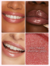 Lipstick shade swatches with close-up of lips and glittery texture, labeled 'rosy mauve shimmer glass'.