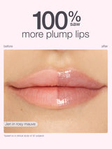 Before and after comparison of plump lips with '100% saw more plump lips' text.