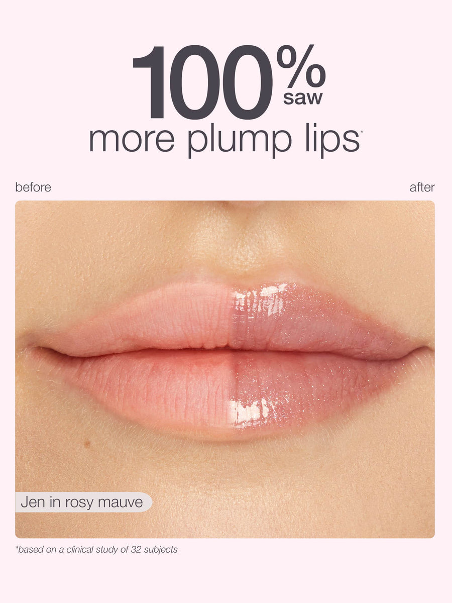 Before and after comparison of plump lips with '100% saw more plump lips' text.