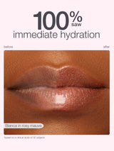 Lipstick color swatch with '100% saw immediate hydration' text on a brown background