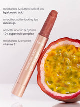 Lip plump with maracuja and tarte branding next to a passion fruit on a white background