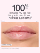 Before and after comparison of lips with text indicating product effectiveness