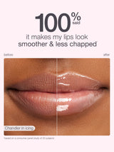 Before and after comparison of lips with a lip product labeled 'Chandler in icing'.