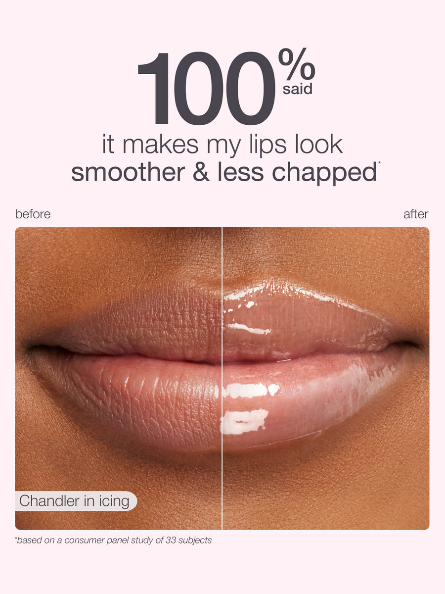 Before and after comparison of lips with a lip product labeled 'Chandler in icing'.