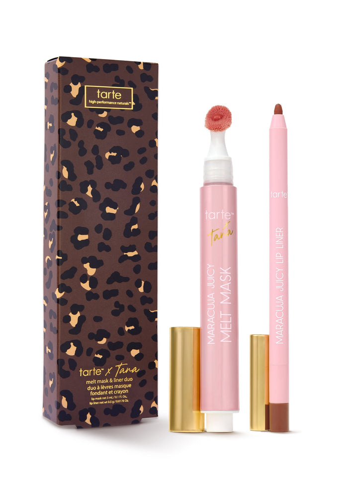 Tarte makeup set with leopard print box, pink mask, and brown pencil on white background