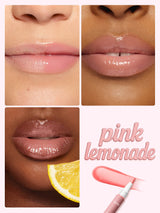 Three pairs of lips wear glossy pink-nude lip gloss, slightly parted to show shine. Arranged in a pale-pink collage with a lemon slice, a Tarte gloss applicator, and text pink lemonade. Text transcribed: pink lemonade; tarte