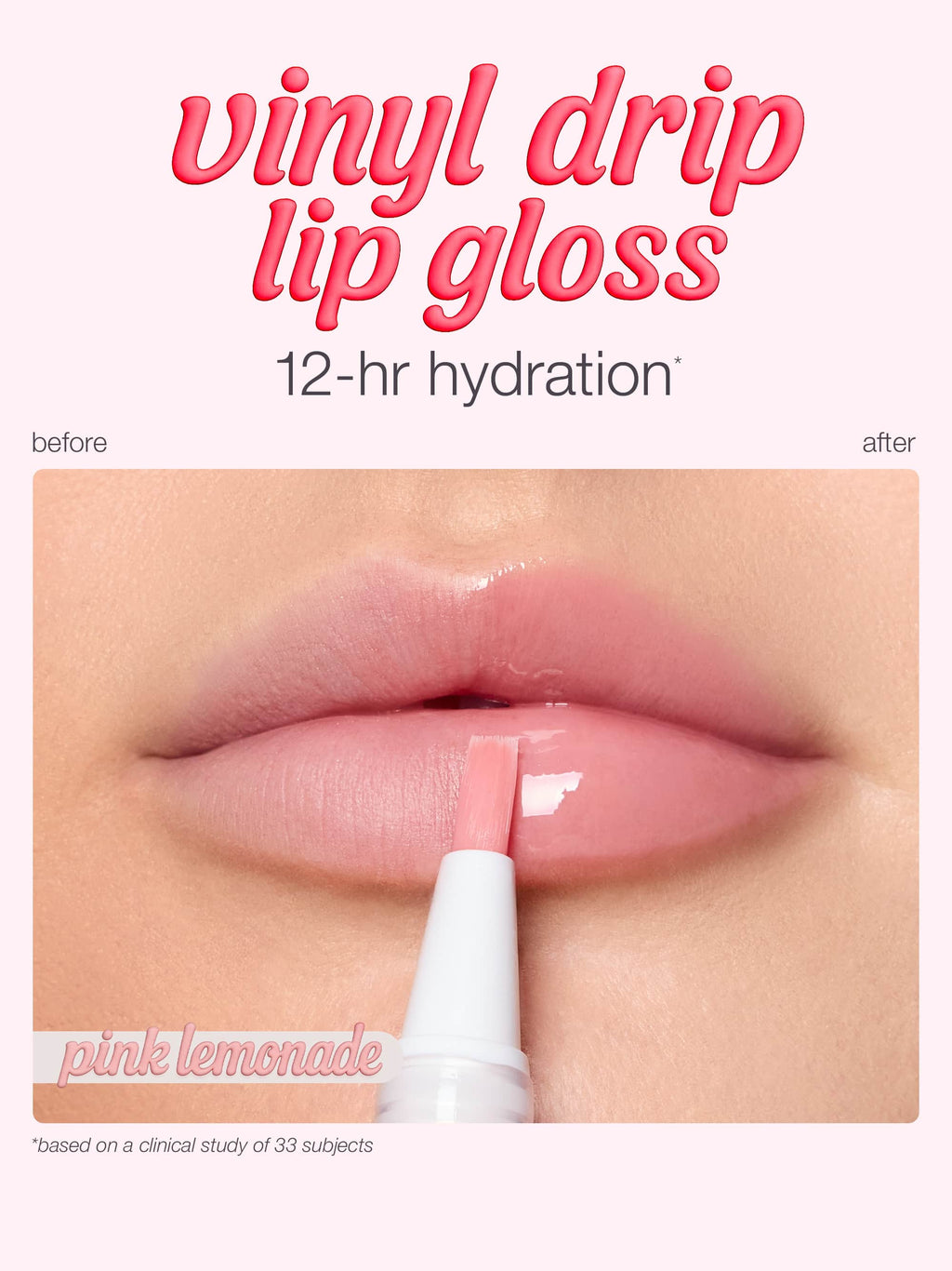 Gloss applicator applies glossy pink gloss to lips in a close-up, showing before (left) and after (right). Text in image: vinyl drip lip gloss; 12-hr hydration; before; after; pink lemonade; *based on a clinical study of 33 subjects