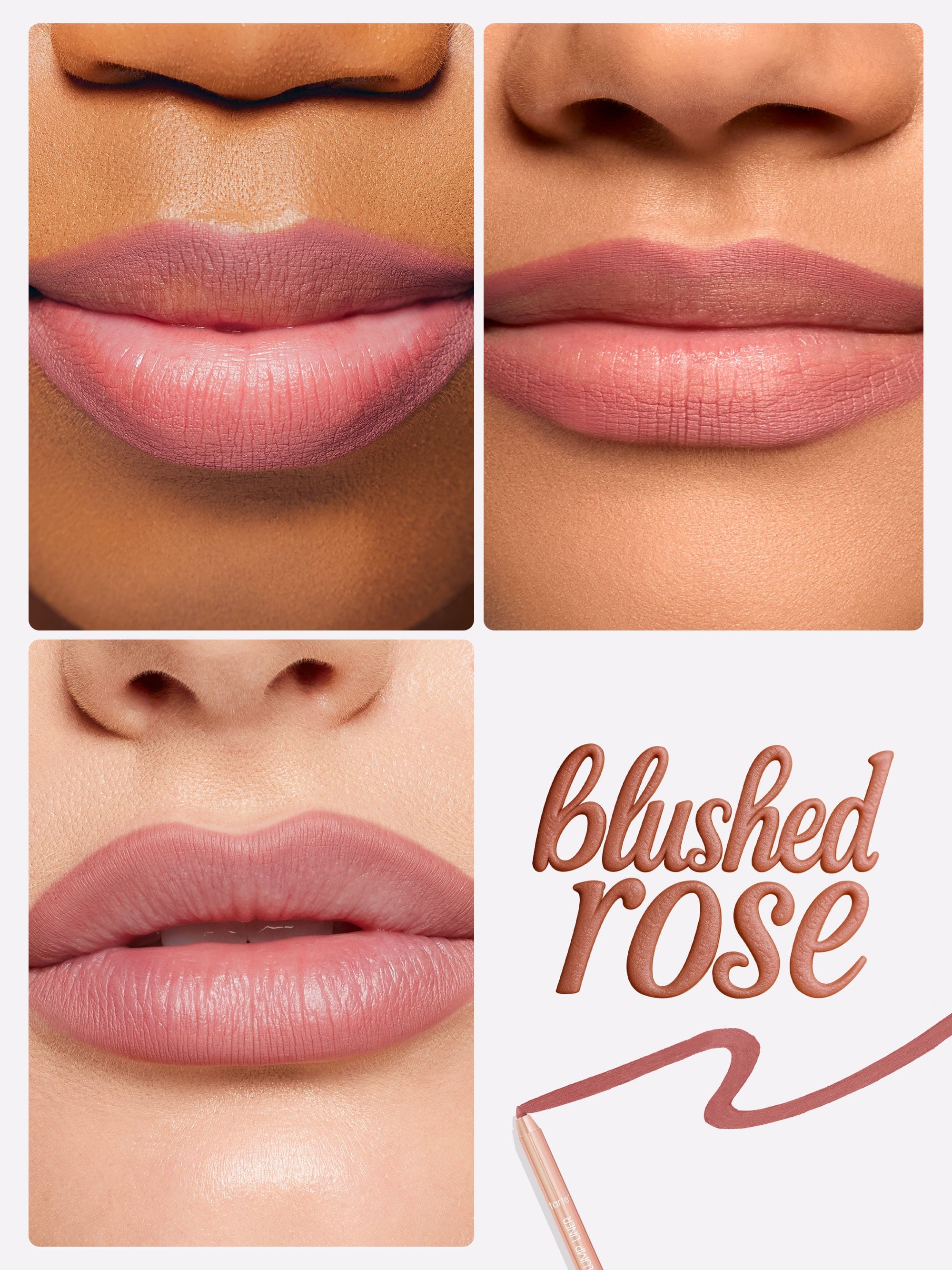 Three close-up shots of lips wearing a mauve-pink lipstick; a swatch and lip pencil stroke appear beside the text blushed rose.