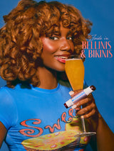Woman holding a drink with text 'Jaida in Bellinis & Bikinis' on a blue background with tarte maracuja juicy double ended multi stick 